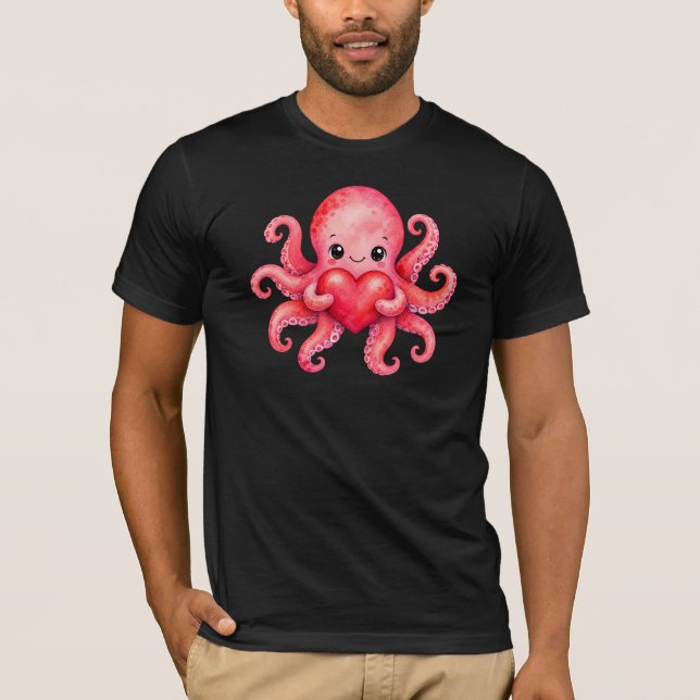 Söt Kawaii Bläckfisk som Håller Hjärta T Shirt (Framsida)