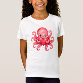 Söt Kawaii Bläckfisk som Håller Hjärta T Shirt