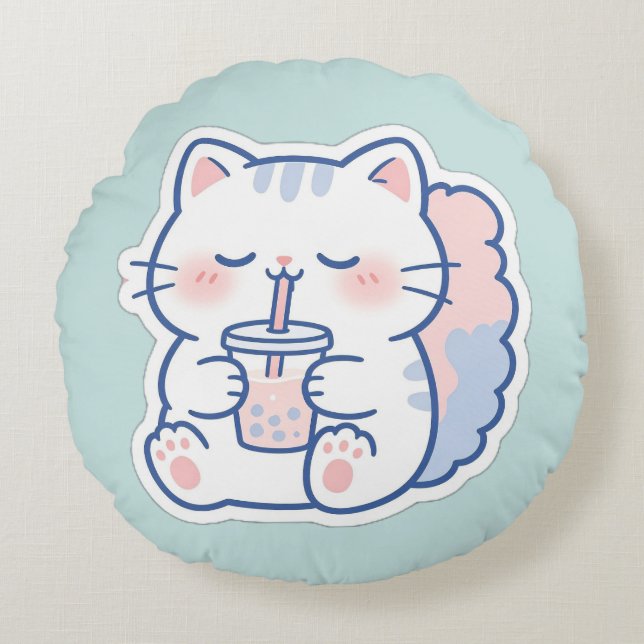 Söt Kawaii Boba Katt Bubbel Tea Rund Kudd Kudde (Framsidan)