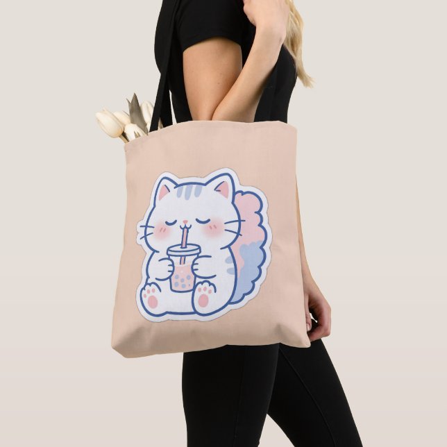 Söt Kawaii Boba Katt Bubbel Tea Tote Väska (Närbild)