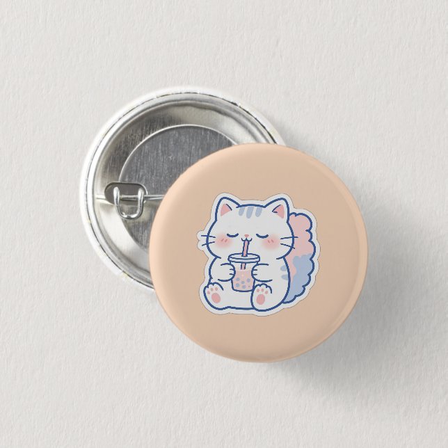 Söt Kawaii Boba Katt Bubbletea Pinback Knapp (Framsida & baksida)