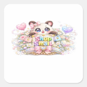 Söt Kawaii-butik Liten Affärs Katt Pastell Rosa Fl Fyrkantigt Klistermärke