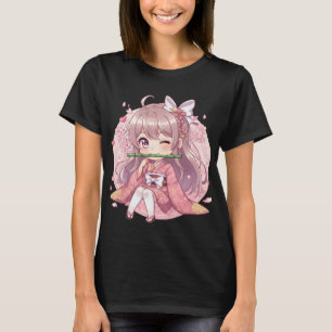 Söt Kawaii Chibi Flicka i Rosa Kimono med Körsbär T Shirt