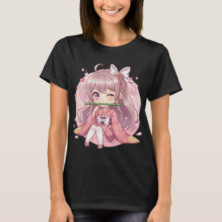 Söt Kawaii Chibi Flicka i Rosa Kimono med Körsbär T Shirt