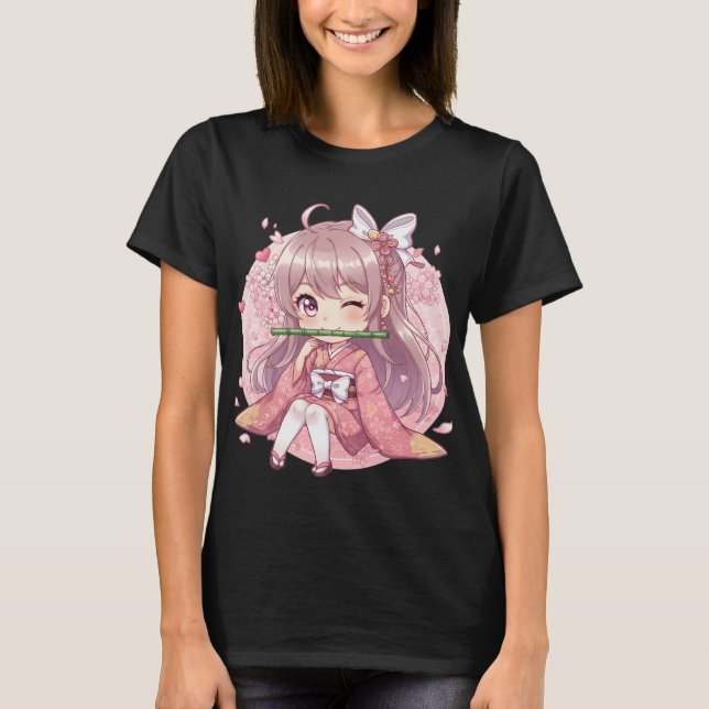 Söt Kawaii Chibi Flicka i Rosa Kimono med Körsbär T Shirt (Framsida)