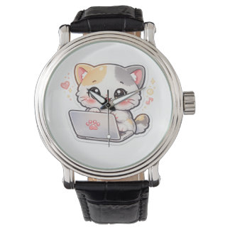 Söt Kawaii Chibi Katt med Bärbar Dator Armklocka Armbandsur