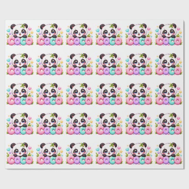 Söt Kawaii Coco Panda Namn Pastell Rosa Glittrande Presentpapper (Platt)