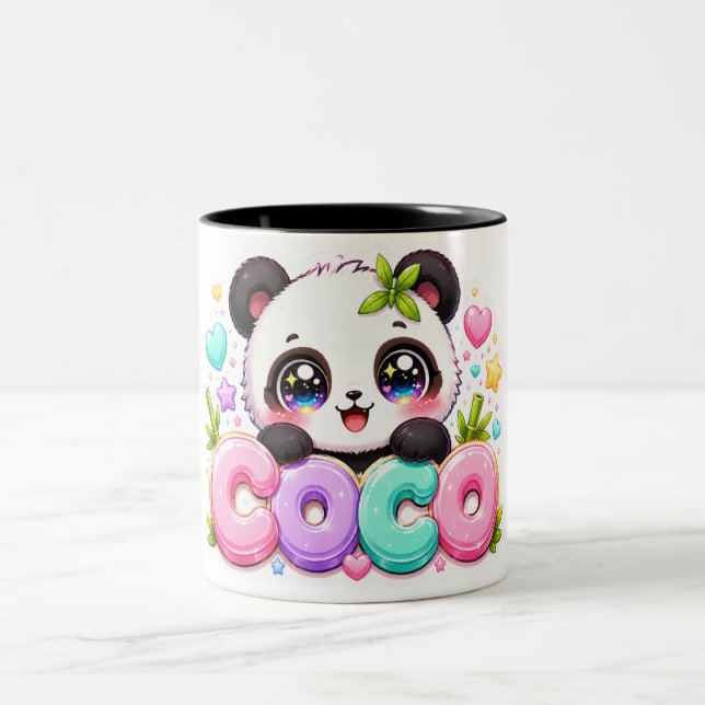 Söt Kawaii Coco Panda Namn Pastell Rosa Glittrande Två-Tonad Mugg (Center)