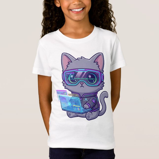 Söt Kawaii Cyberpunk Katt Hackare med Bärbar Dator T Shirt (Framsida)