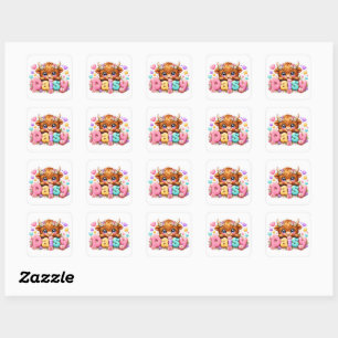 Söt Kawaii Daisy Highland Ko Namn Pastell Rosa Fl Fyrkantigt Klistermärke