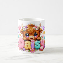 Söt Kawaii Daisy Highland Ko Namn Pastell Rosa Fl