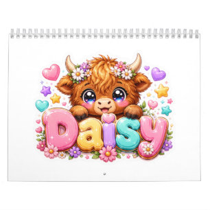 Söt Kawaii Daisy Highland Ko Namn Pastell Rosa Fl Kalender