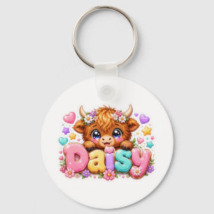 Söt Kawaii Daisy Highland Ko Namn Pastell Rosa Fl Nyckelring