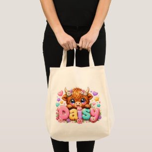 Söt Kawaii Daisy Highland Ko Namn Pastell Rosa Fl Tygkasse
