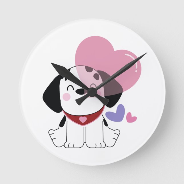 Söt Kawaii Dalmatiner Valp med Hjärtan Rund Klocka (Framsida)