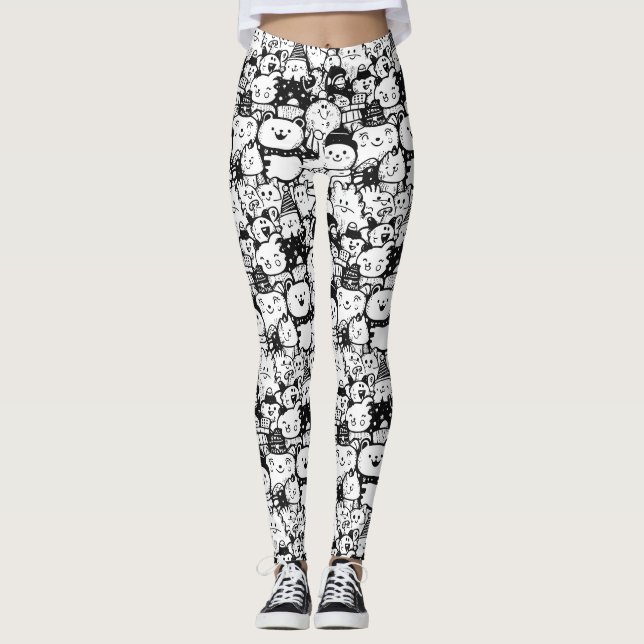 Söt Kawaii Djur Doodle Mönster (2) Leggings (Framsida)