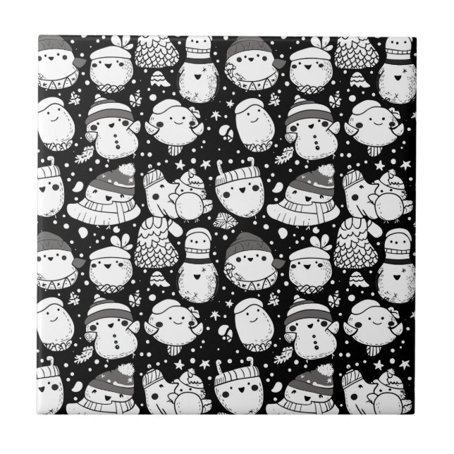 Söt Kawaii Djur Doodle Mönster (3) Kakelplatta (Framsidan)