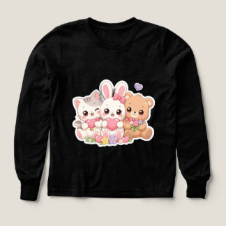 Söt Kawaii Djur Vänner Hjärtan Blommor Pastell T Shirt