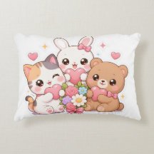 Söt Kawaii Djurvän Pillow med Hjärtan & Blommor