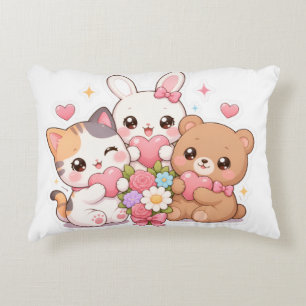 Söt Kawaii Djurvän Pillow med Hjärtan & Blommor Prydnadskudde