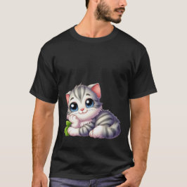 Söt Kawaii Drömsk Grå Kattunge Blå Ögon Katt  T Shirt
