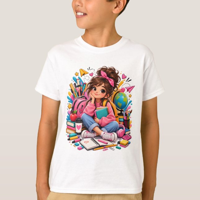 Söt Kawaii-Elev med Skolstartstillbehör  T Shirt (Framsida)