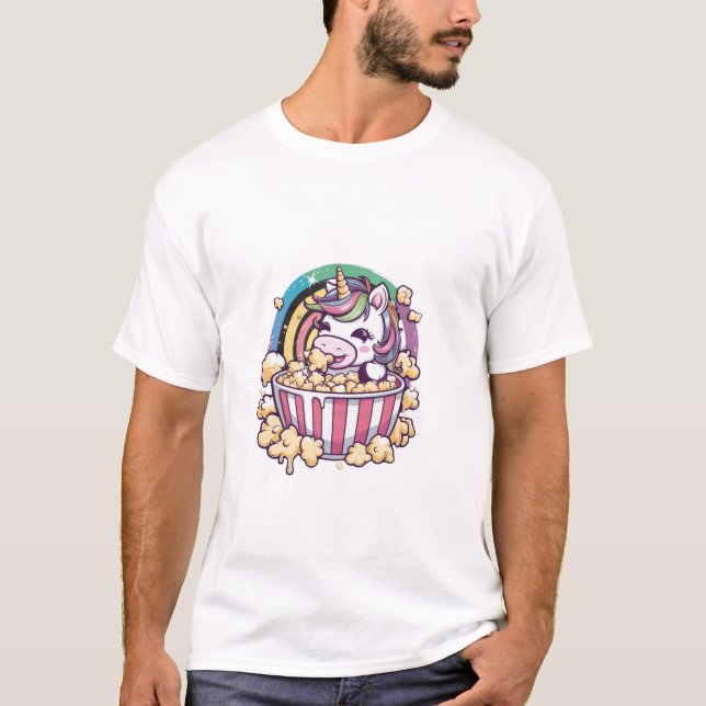 Söt kawaii enhörning med popcorn Långärmad T-Shirt (Framsida)