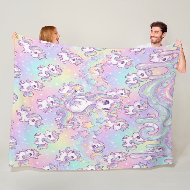 Söt Kawaii Enhörning Pastell Regnbåge Magisk  Fleecefilt (På plats)