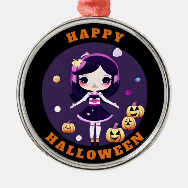 Söt Kawaii-flicka i pumpa Halloween Julgransprydnad Metall (Framsidan)