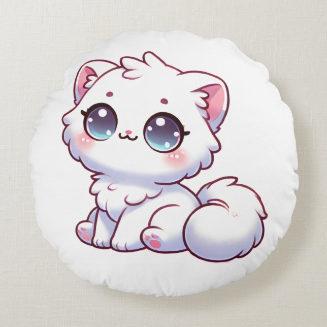 Söt Kawaii Fluffig Kattunge Rund Kudde (Framsidan)