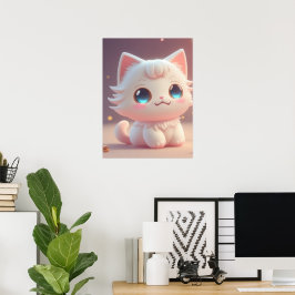 Söt Kawaii Fluffig Vit Katt Poster
