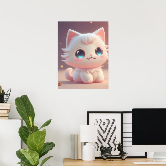 Söt Kawaii Fluffig Vit Katt Poster (Hemmakontoret)