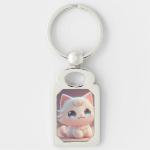 Söt Kawaii Fluffig Vit Katt Rektangulärt Silverfärgad Nyckelring