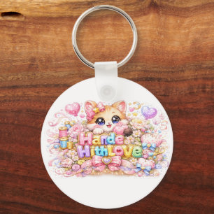 Söt Kawaii Gjord Med Kärlek Katt Namn Pastell Rosa Nyckelring