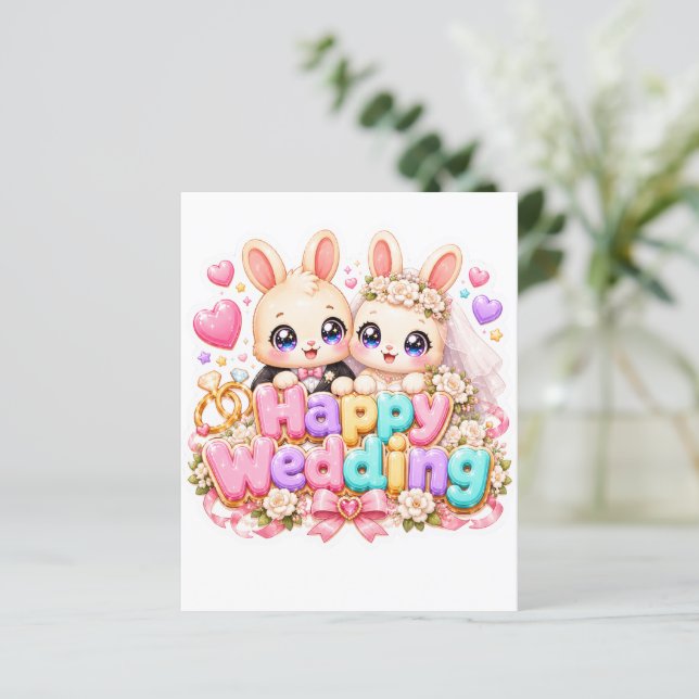 Söt Kawaii Glad Bröllop Kanin Par Pastell Rosa (Stående Fram)