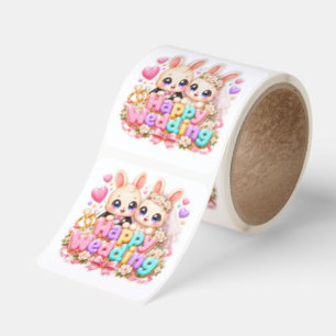 Söt Kawaii Glad Bröllop Kanin Par Pastell Rosa Fyrkantigt Klistermärke