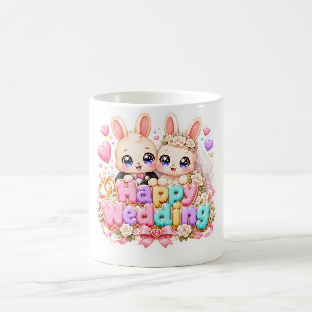 Söt Kawaii Glad Bröllop Kanin Par Pastell Rosa Kaffemugg (Center)