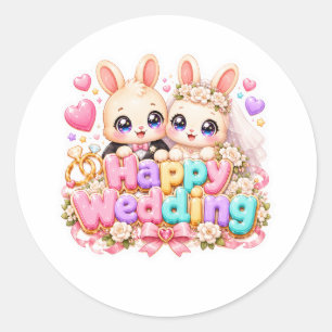 Söt Kawaii Glad Bröllop Kanin Par Pastell Rosa Runt Klistermärke