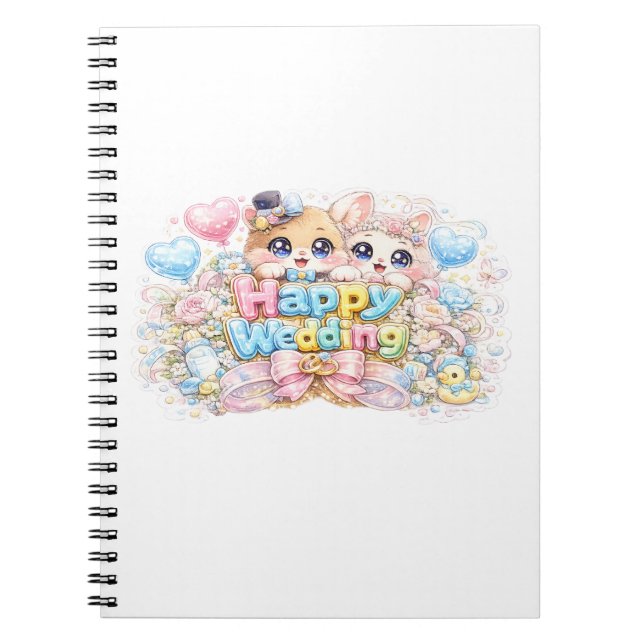 Söt Kawaii Glad Bröllopsdjurspar Pastell Pi Anteckningsbok (Framsidan)