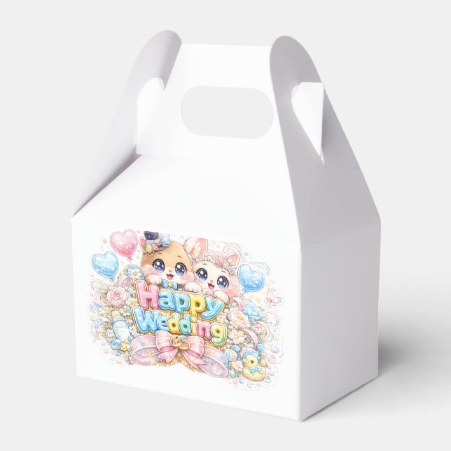 Söt Kawaii Glad Bröllopsdjurspar Pastell Pi Presentaskar (Framsidan Sidan)