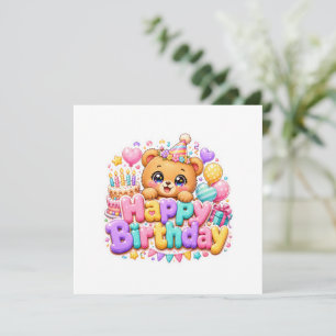 Söt Kawaii Glad Födelsedag Teddybjörn Pastell Rosa Inbjudningar
