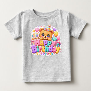 Söt Kawaii Glad Födelsedag Teddybjörn Pastell Rosa T Shirt