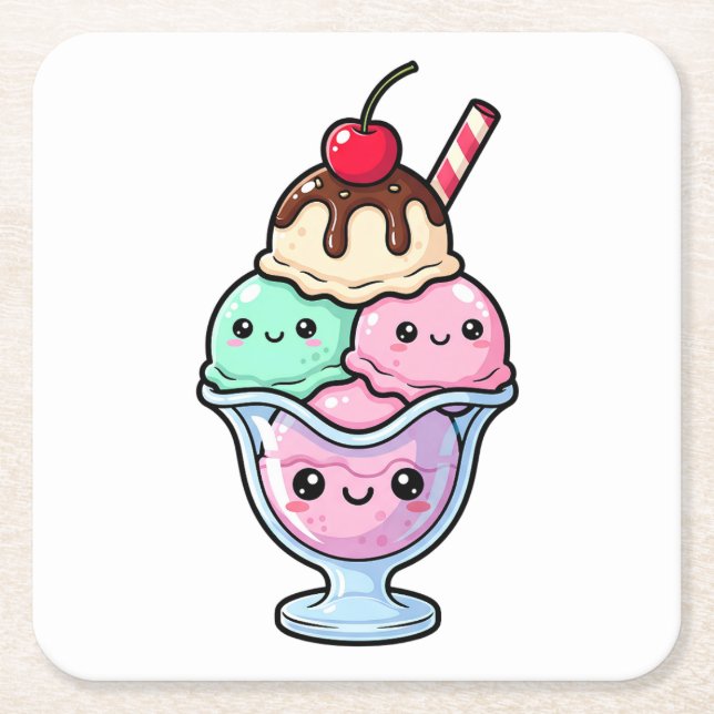 Söt Kawaii Glass Sundae Underlägg Papper Kvadrat (Framsidan)