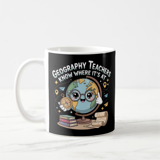 Söt Kawaii Glob med Kompass – Rolig Geografi  Kaffemugg (Vänster)