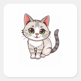 Söt Kawaii Grå Katt Anpassad Fyrkantig Klistermärk Fyrkantigt Klistermärke