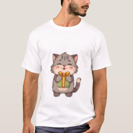 Söt Kawaii Grå Kattunge som kramar en blomsterpres T Shirt