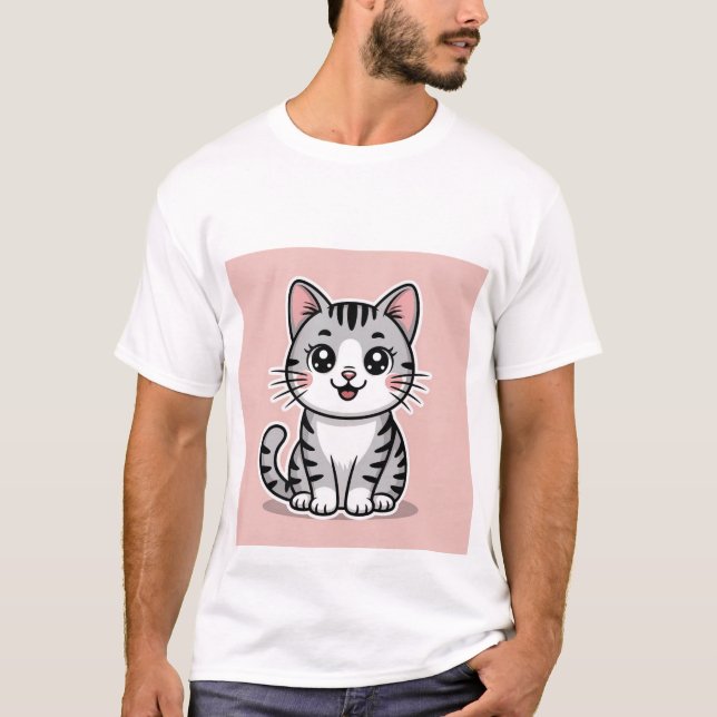 Söt Kawaii Grå Tabby Katt Smilar - Glad Kittel  T Shirt (Framsida)