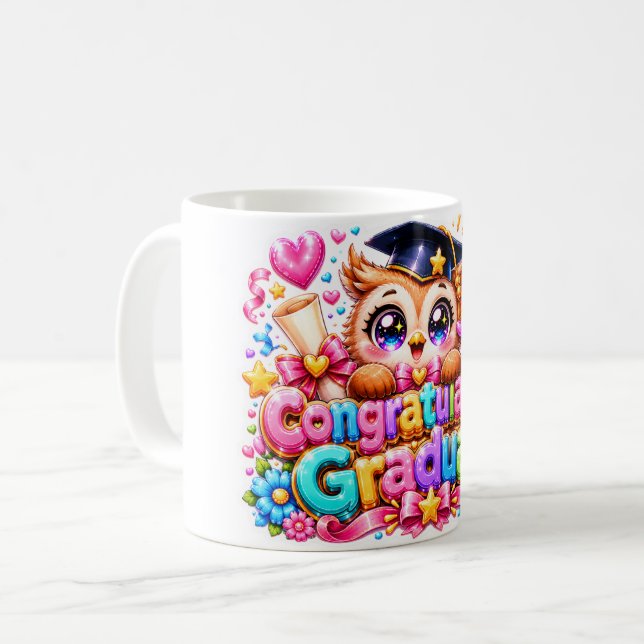 Söt Kawaii Grattis Examens Owl Pastell Pi Kaffemugg (Framsida vänster)