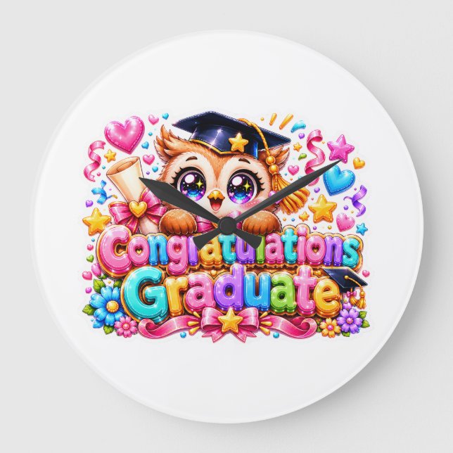 Söt Kawaii Grattis Examens Owl Pastell Pi Stor Klocka (Framsida)