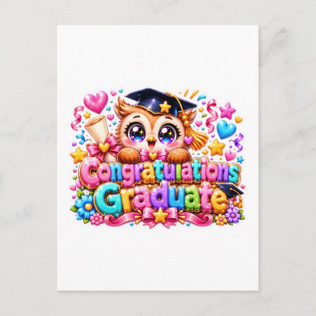 Söt Kawaii Grattis Examens Owl Pastell Pi Vykort (Framsida)